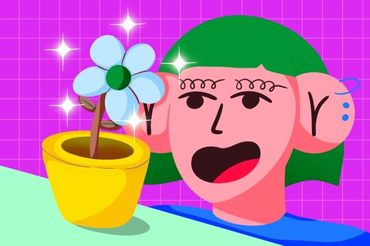 Short-haired woman smilingly admires a flower with sparkling stars around it