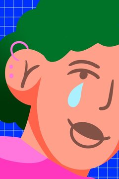 Face of a person looking straight ahead smiling with a tear