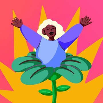 Long wavy haired woman with open arms inside a flower with a glow in the background
