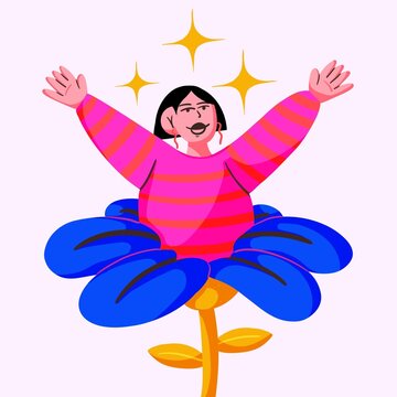 Young woman in striped clothes comes out of a flower smiling and proud surrounded by stars