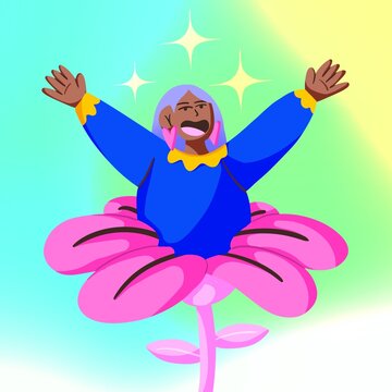 Long purple hair smiling person with arms outstretched while on a flower