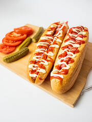 Hot Dog with cucumbers and sauces close-up on wooden background,in the kitchen