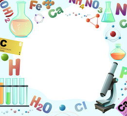 Chemistry picture frame around edge of picture. Round proportion. Study and production of mineral. Organic and inorganic. Parts of molecular and atomic basis. Isolated on white background. Vector.