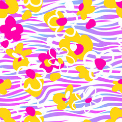  Abstract flowers on a zebra stripes background. Vector seamless pattern for printing on fabric and paper. 