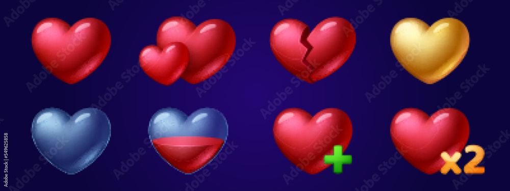 Poster set of heart game icons, fill progress score or level elements, red or gold, full and empty user ui 