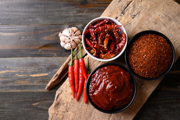 Gochujang (red chili paste), spicy and sweet fermented condiment in Korean food, Table top view
