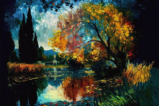 Oil Painting Master Beautiful Work Of Art Monet Pond Autumn Tree, Generative Ai