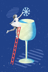 Photo collage artwork minimal picture of charming mini lady catching snow flake x-mas beverage...