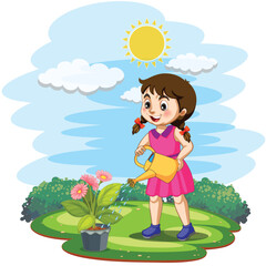 Obraz na płótnie Canvas Cute little girl watering the plant vector illustration