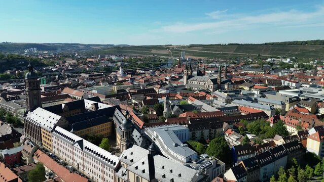 Rising drone aerial Alte University and Wuzburg city centre Germany