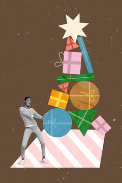 Photo collage artwork minimal picture of excited cool lady guy getting manu x-mas presents isolated drawing background