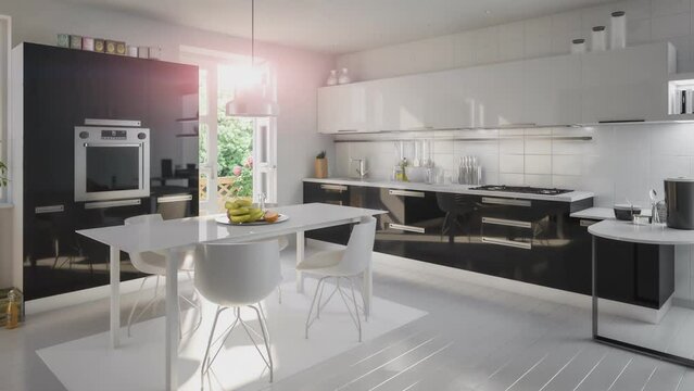 Ansicht von der Innenausstattung einer sonnigen, modernen K&uuml;che - 3D Camera Animation