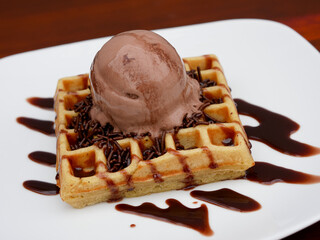 chocolate waffle with ice cream topping and chocolate sprinkles