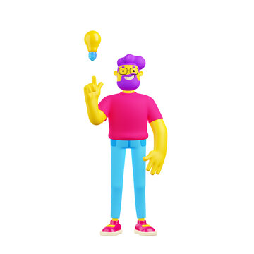 Happy man has creative idea. Concept of good solution, innovation, smart mind, insight. Person point with finger on light bulb isolated on white background, 3d render illustration