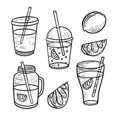 Drinks set glasses, mugs and jar set doodle elements.