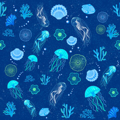 Seamless pattern with seashells, corals, and starfishes. Marine background.  Perfect for greetings, invitations, wrapping paper, textiles, weddings, and web design. © Hema