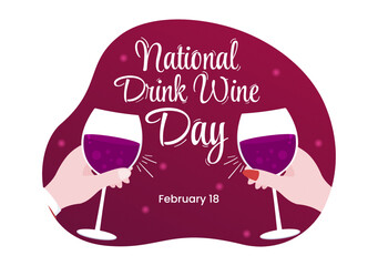 National Drink Wine Day on February 18 with Glass of Grapes and Bottle in Flat Style Cartoon Hand Drawn Background Templates Illustration