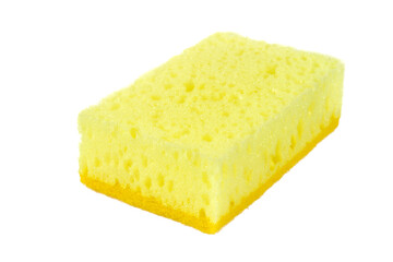 Yellow foam sponge is isolated on a white background. Sponge close-up on a white background.