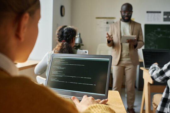 Girl examining computer program on computer at desk at lesson with teacher standing in background
