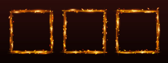 Frames with fire sparkle effect, square borders with glowing sparks of weld metal blade, cracker or petard. Fiery light bordering with twinkles, photo or avatar game frames 3d vector illustration, set