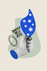 Vertical collage image of black white gamma arm hold lighter snowflakes flame happy new year text...