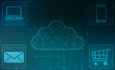 2d illustration of Cloud computing, Digital Cloud computing Concept background. Cyber technology, internet data storage, database and data server concept