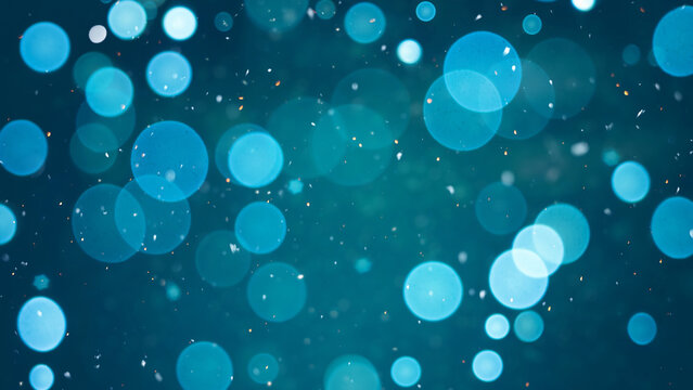 Blue - green teal color bokeh lights with snow texture. Christmas and winter holidays cool fresh background