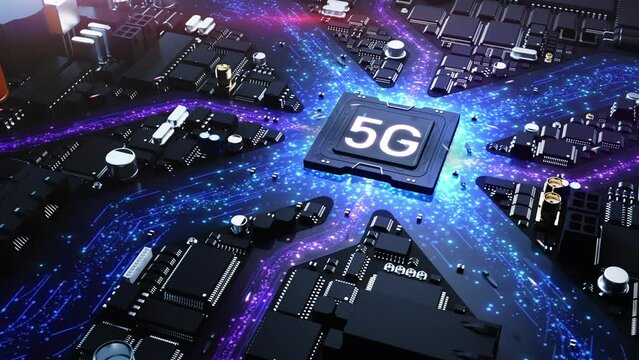 5G technology , a stylized city composed of electronic components. animation on the theme of technology and communication, logistics of big cities
