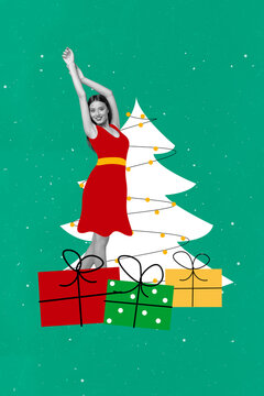 Vertical collage picture of cheerful pretty girl black white colors drawing newyear tree giftbox isolated on creative background