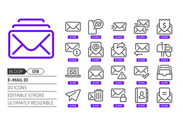 E-mail 01 related, pixel perfect, editable stroke, up scalable, line, vector bloop icon set.