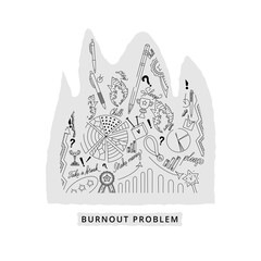 Burnout concept set with icons office at fire background.