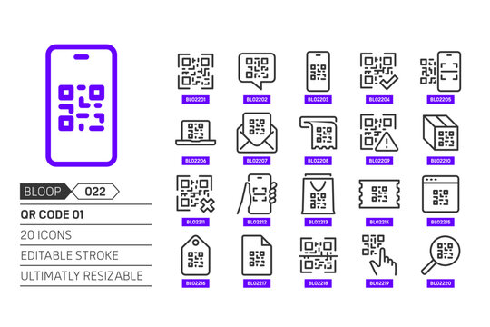 QR code related, pixel perfect, editable stroke, up scalable, line, vector bloop icon set.