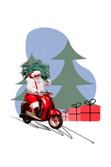 3d retro abstract creative artwork template collage of funny santa delivering moped xmas pine fir isolated painting background