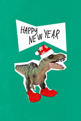 Vertical collage of dinosaur santa headwear roar happy new year isolated on creative drawing...