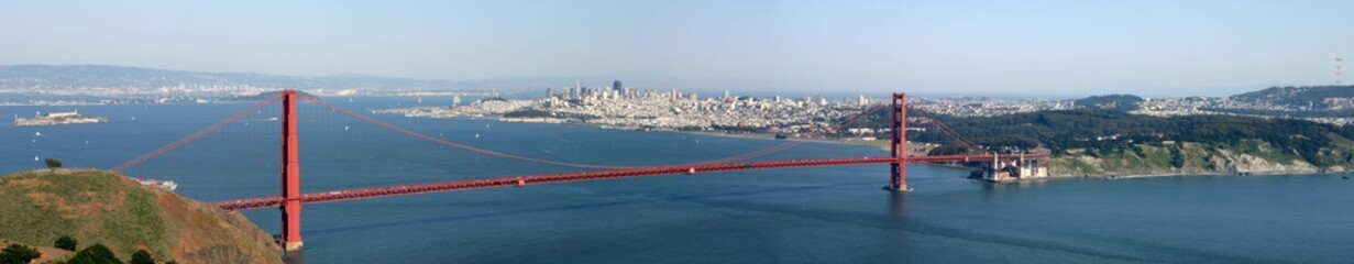 Panoramic aerial view of the Golden Gate Bridge over the river