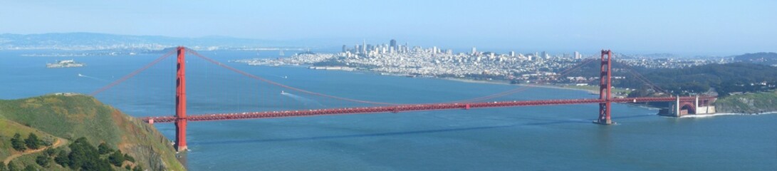 Panoramic aerial view of the Golden Gate Bridge over the river