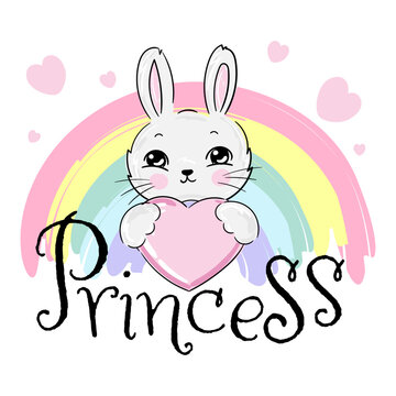 cute rabbit girl princess on rainbow vector illustration with lettering text. T-shirt graphic design.