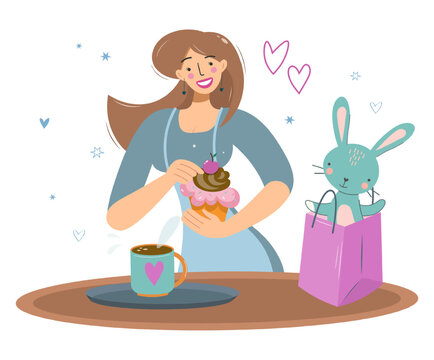 A cute girl is holding a celebratory cupcake with whipped cream. Funny rabbit in a bag, a cup of coffee on a tray. Friends are happy for the holiday. Greeting card, banner. Vector design, flat style.
