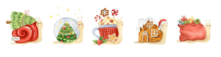 Watercolor illustration of christmas tree and cute snail.