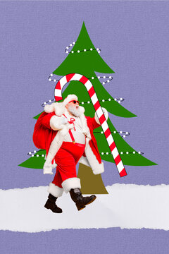 Collage artwork graphics picture of smiling excited santa claus walking xmas presents isolated painting background