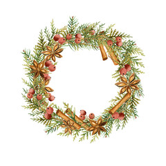 Fototapeta na wymiar Watercolor christmas wreath with evergreen branches of spruce and thuja