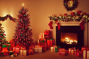 Fototapeta na wymiar Christmas Tree Ornaments Lights Stocking Mantle Presents Home Holiday Fireplace Hearth Background Image