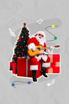 Creative 3d photo artwork graphics collage painting of funky smiling santa playing instrument x-mas carols isolated drawing background