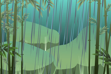 Landscape with rain weather. Summer rain in jungle overgrowth and bamboo grove. Jets of water pour from the sky. Cartoon fun style. Flat design. Vector.