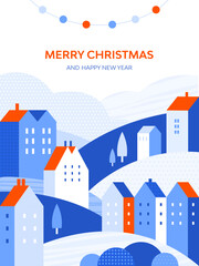 Winter urban landscape in geometric minimal style. Houses, city buildings, hills, snowdrifts and trees. Snow town panorama. Merry Christmas and happy New year poster, postcard with congratulatory text