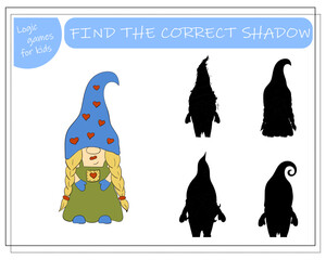 A puzzle game for kids, find the right shadow. Cartoon Christmas Gnome