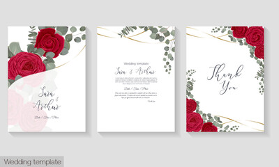 Fototapeta na wymiar Vector floral template for wedding invitation. Red roses, eucalyptus, green plants and leaves.