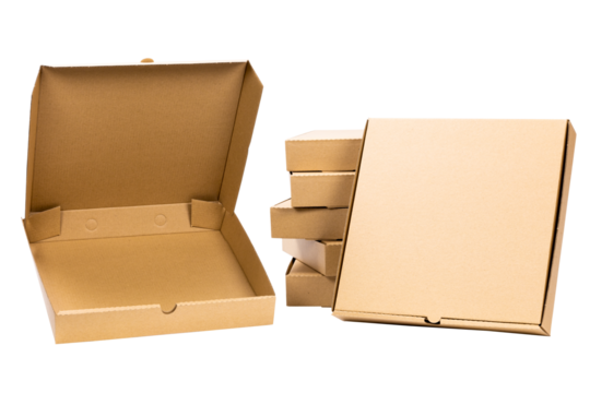 Front view of stack brown pizza box isolated on white background with clipping path.