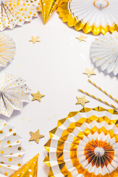 Party  background with paper fans, party decoration, party celebration