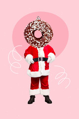 Vertical collage image of funky santa glazed donut instead head isolated on painted creative...